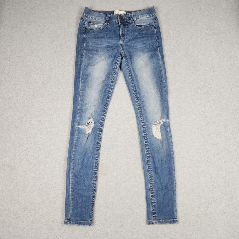 Mudd FLX Stretch Skinny Jeans Womens 5 Blue Denim Whiskered Grunge Distressed